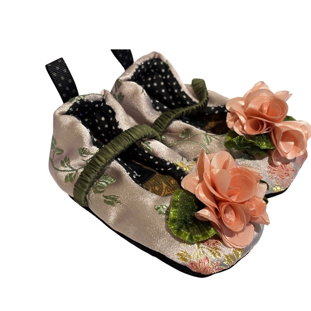 Vintage Goody Bon Bon Baby Girls Floral Silk Crib Shoes Pink Rose Brocade 6-12M